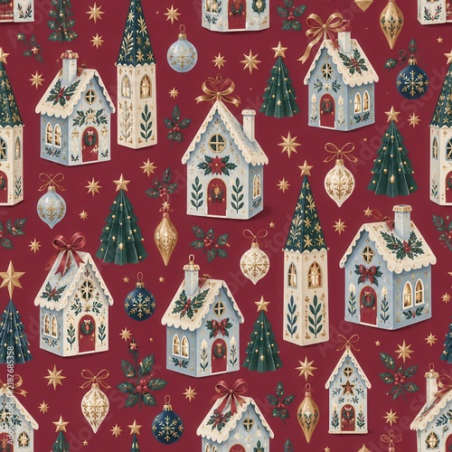 Seamless Festive Christmas Village Pattern