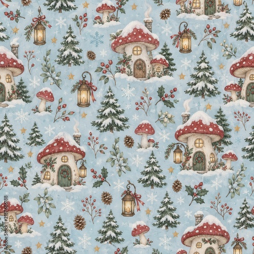 Seamless winter mushroom house pattern
