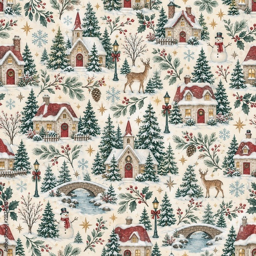 Seamless Winter Village Christmas Pattern