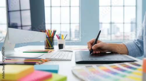 At a colorful desk, a creative designer is working with various digital tools.