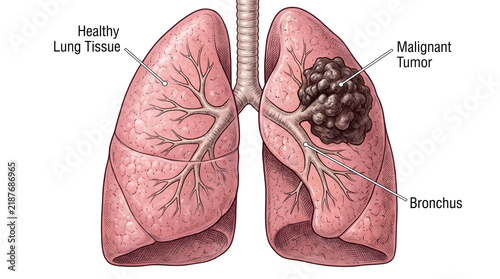 Medical illustration of human lungs with healthy tissue and a malignant tumor