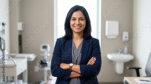 South Asian nurse practitioner or doctor standing confidently with crossed arms in a corporate health care setting.