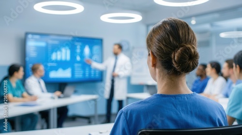 Hospital conference room health safety training session featuring medical staff in scrubs viewing a presentation on a large screen.