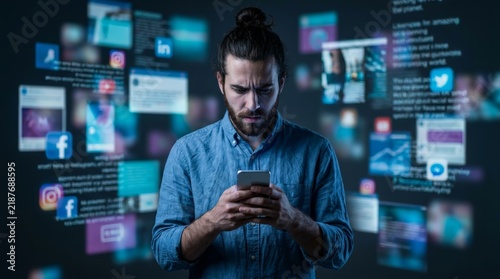 A man addicted to social media consumption experiences isolation and doomscrolling on his smartphone.