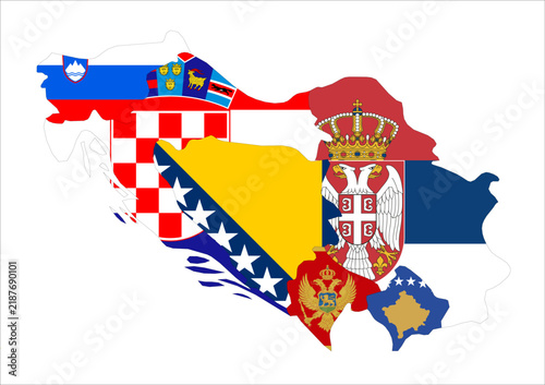 Flag map outline shape of Former Yugoslavia Countries. Flags of countries fill the shapes with their colors. Symbol of regional cooperation, identity and partnership