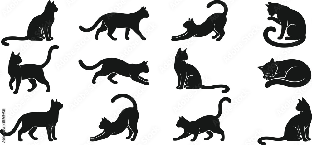 Fototapeta premium Black cat silhouette collection featuring various feline poses and movements on transparent backdrop.