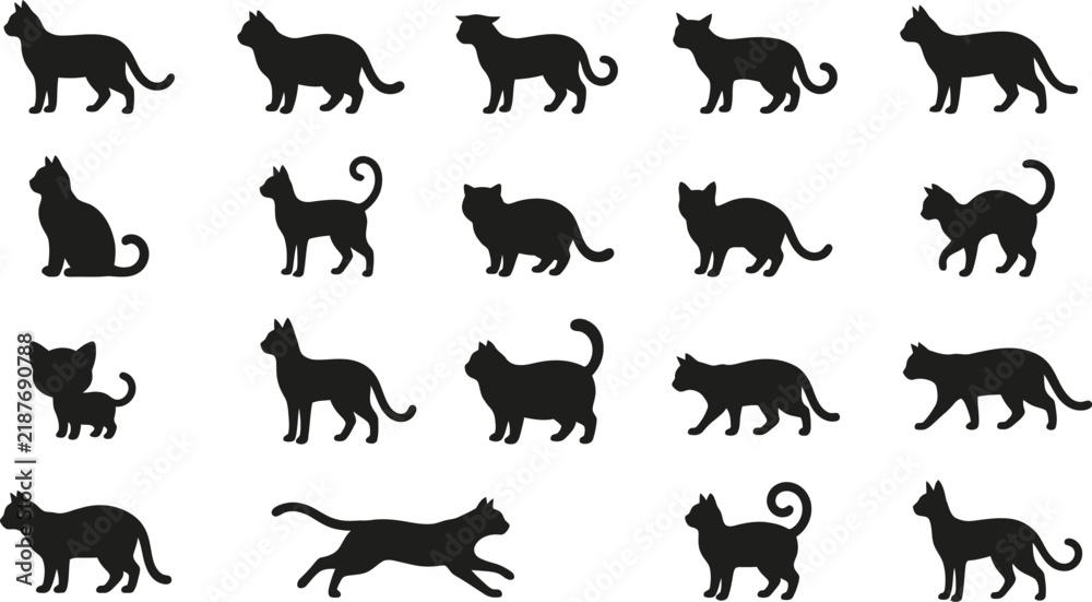 Obraz premium Various black cat silhouettes in walking sitting and standing poses isolated on transparent background.