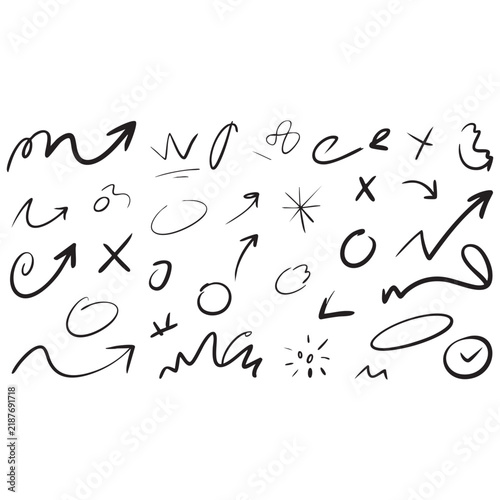 Handwritten black marker scribble arrows and correction sign set.