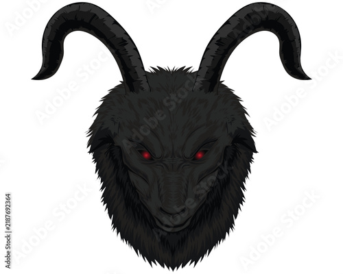 Vector illustration design of a shaggy black goat's head with curved horns and glowing red eyes, featuring an angry facial expression.