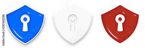 SECURITY SHIELD ICONS SET WITH KEYHOLE SYMBOL. BLUE, WHITE, AND RED GLOSSY PROTECTIVE BADGES FOR ANTIVIRUS, CYBER SECURITY, DATA PRIVACY, AND SAFETY CONCEPT. ISOLATED VECTOR ILLUSTRATION