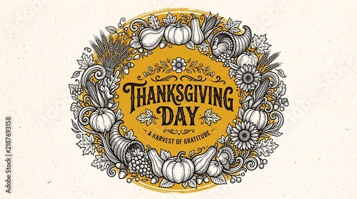 Thanksgiving day hand drawn wreath with harvest elements