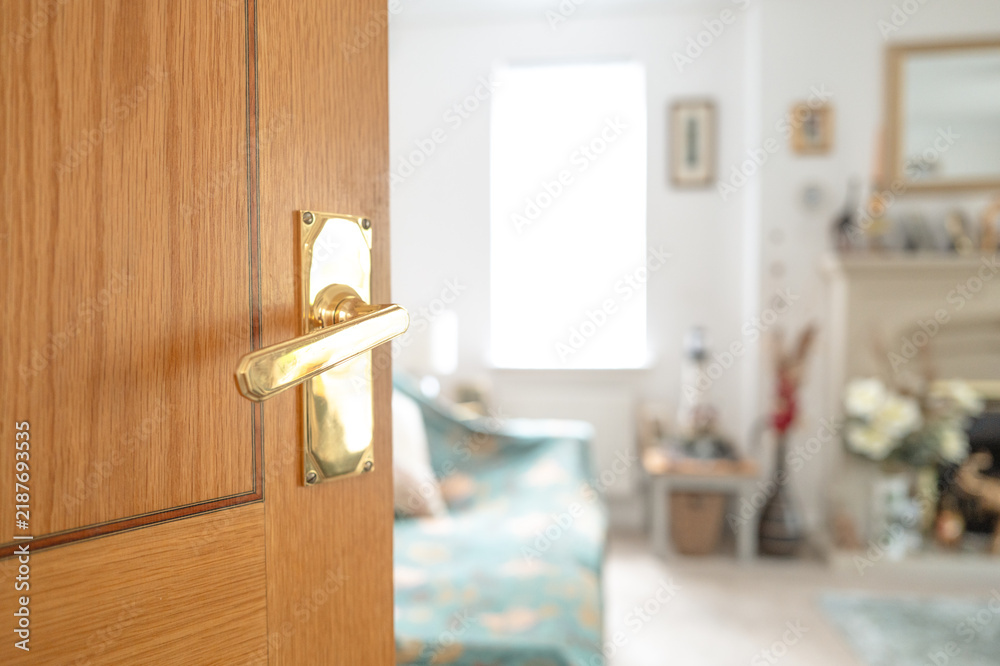 Fototapeta premium Shallow focus of a gold coloured door hand leading to a large living room. A sofa together with a fireplace can be seen.
