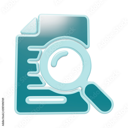 3D teal document icon with magnifying glass for financial review and data analysis tasks isolated on a transparent background