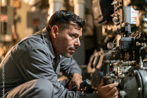 Hispanic man repairing machinery in an industrial setting  