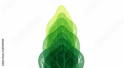 Abstract layered tree illustration with stylized branches and gradient green foliage isolated on white background