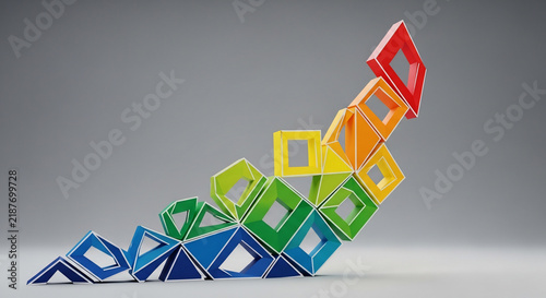 Abstract 3d growth chart made of colorful geometric square and triangle blocks rising upwards on a grey background