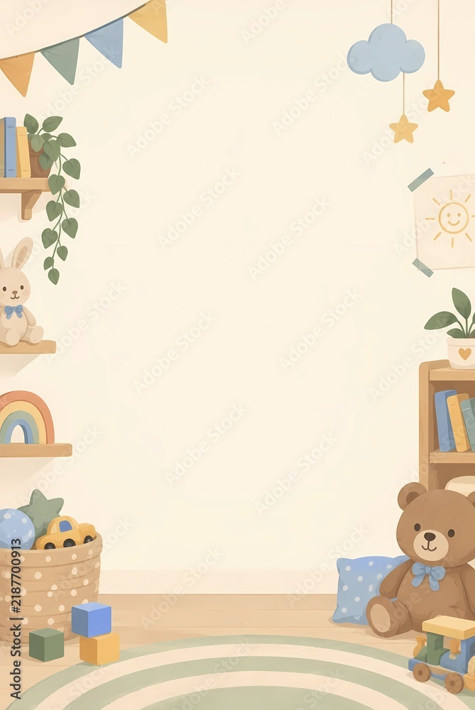 Fototapeta premium Cozy nursery playroom background template with teddy bear, plush bunny, toys basket, wooden blocks and copy space