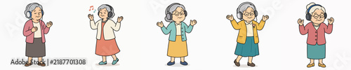 A vector set of a grandmother listening to music with headphones, raising her hands and enjoying the song.