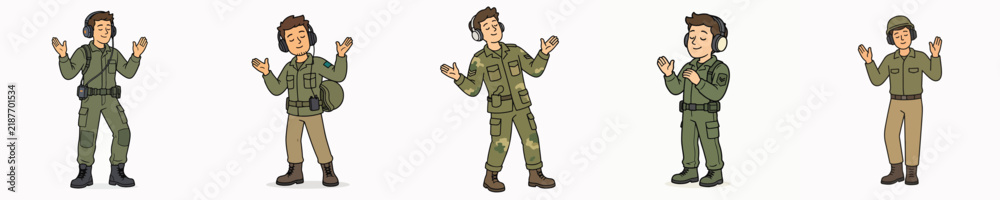 Obraz premium A set of vector illustrations featuring a male soldier listening to music on headphones, with his hands raised as he enjoys the song.