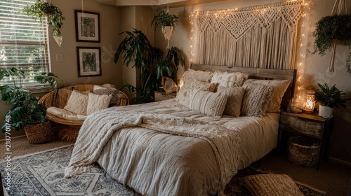Boho bedroom interior with macrame headboard, rattan furniture, hanging plants, string lights, and neutral earthy tones creating warm cozy atmosphere