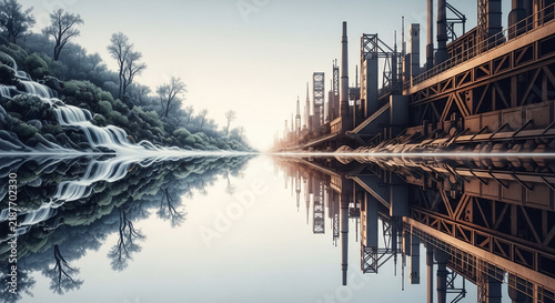 Conceptual landscape showing a contrast between a lush natural waterfall and a modern industrial factory complex reflected in water