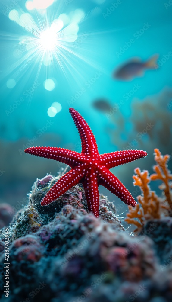 Obraz premium Stunning vibrant red starfish resting on a coral reef in turquoise ocean water illuminated by sun