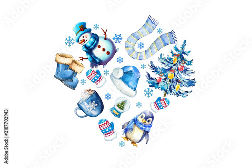 Watercolor Winter Composition with Cute Penguin Snowman Christmas Tree Mug and Festive Accessories Arranged in a Heart Shape Sublimation Design