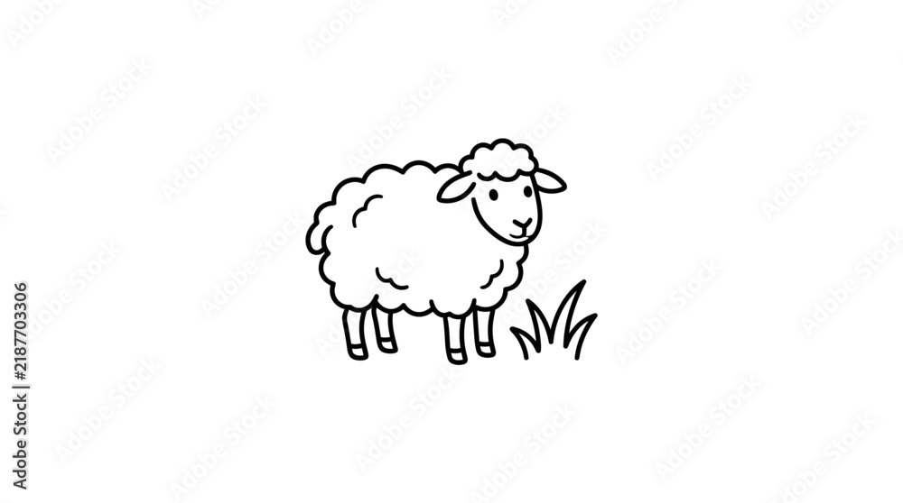 Obraz premium Sleek Minimalist Black and White Line Drawing of a Cartoon Sheep Standing on Grass with high quality professional line art symbols for modern creative design and digital branding projects