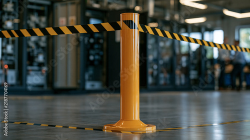 Close up of arc flash boundary tape on the floor in front of open energized switchgear inside a manufacturing plant electrical room, hazard demarcation, electrical safety zone,