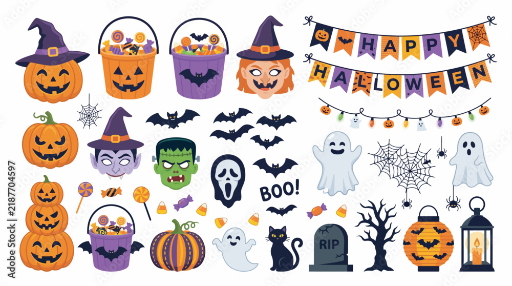 Naklejka premium Cute Halloween Vector Illustration Set Featuring Jack-O-Lanterns, Ghosts, Bats, and Spooky Party Decorations for Holiday Design