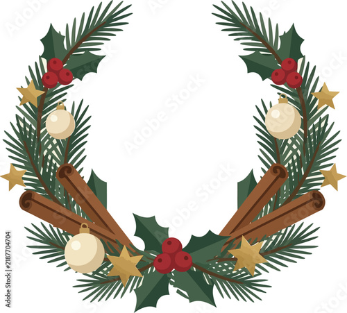 Festive wreath featuring evergreen branches cinnamon sticks and golden star ornaments
