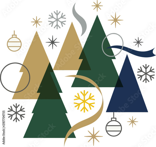 Winter scene with stylized evergreen trees and festive ornaments vector illustration