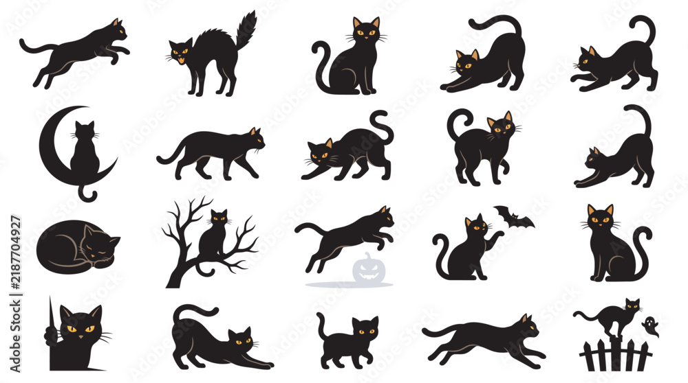 Obraz premium Collection of black cats in various poses with yellow eyes for halloween design elements