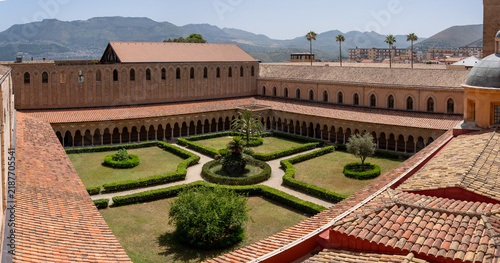 Monreale, Italy - July 18, 2023: High angle view of Monreale Cathedral Cloisters.