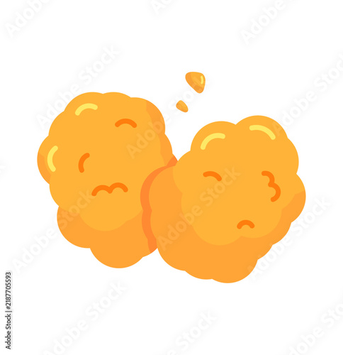 Two chicken nuggets with flying crumbs flat vector illustration. Minimalist fast food crispy nuggets icon with crunchy pieces isolated on white background.