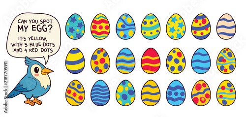 Colorful visual puzzle for kids. Use the clue to spot the correct egg - yellow with 5 blue dots and 4 red dots. Fun attention and logic worksheet for class or home. Find the Match.