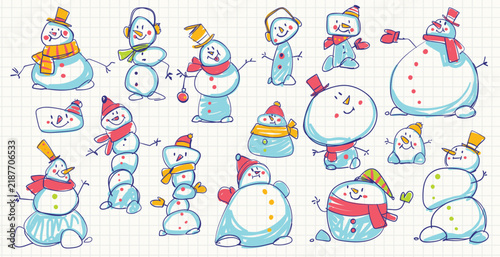 Cute doodle snowmen collection in colorful hats and scarves. Funny winter characters drawn on grid paper. Hand-drawn Christmas illustration for kids and festive decoration design. Seamless pattern