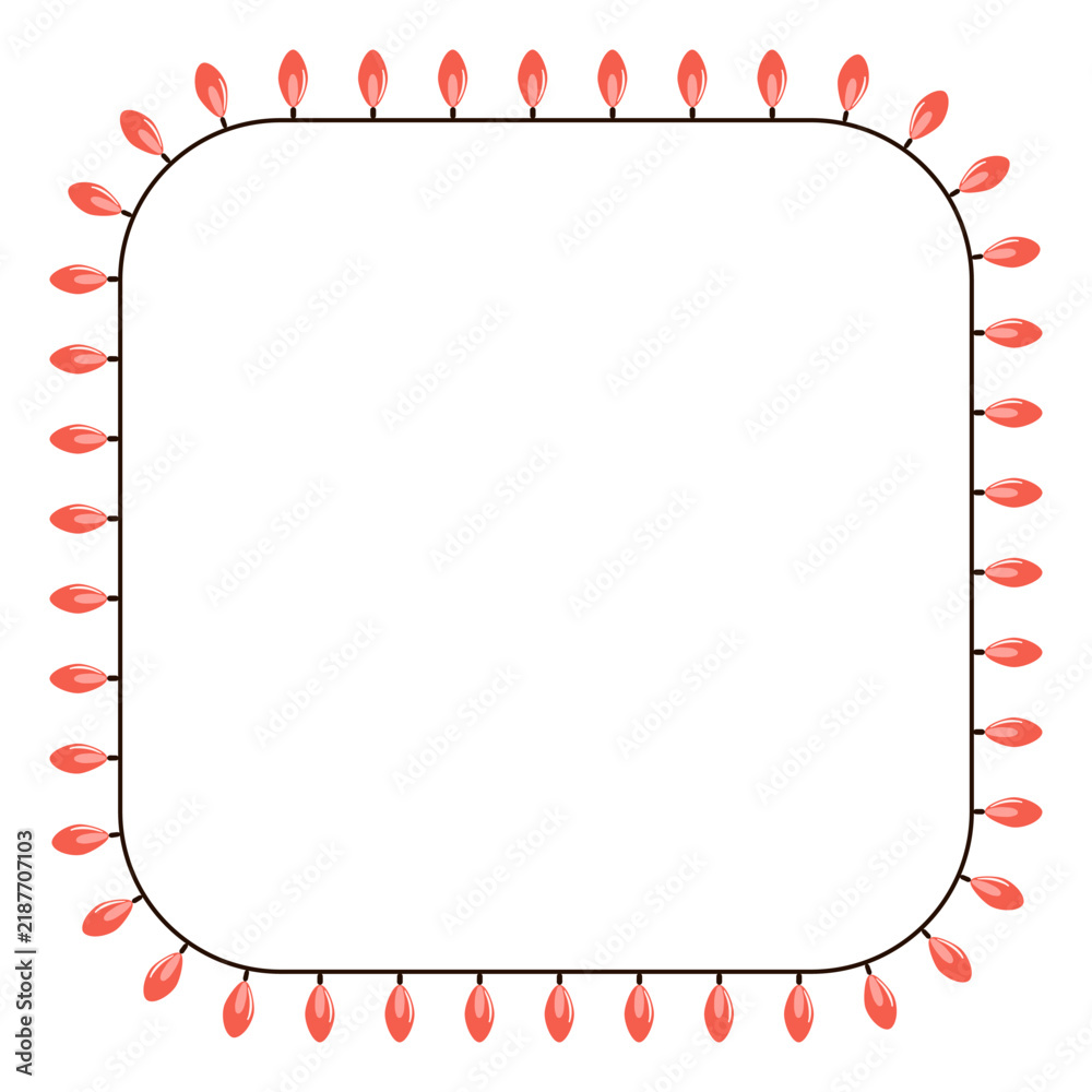 Obraz premium Red Christmas lights, shining fairy lights illustration. Square frame with copy space, border isolated. Festive holiday decorations, design element, clip art. Hand drawn flat vector