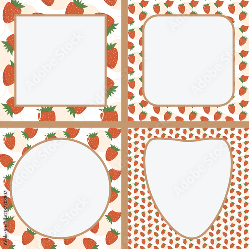 Red strawberry pattern frame set for summer dessert menu and fruit juice packaging