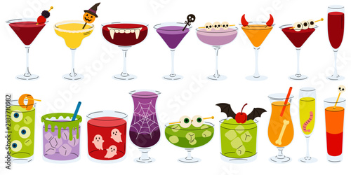 Foto Set of spooky Halloween cocktails and drinks with decorations like eyeballs, sku