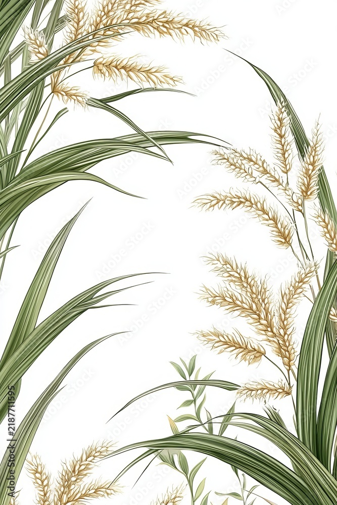 Obraz premium Elegant Watercolor Illustration Of Wheat Stalks Featuring Soft Green Foliage On White Background