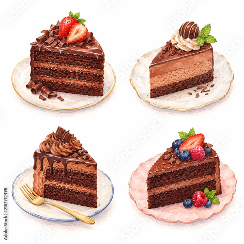 Four different slices of decadent chocolate cake are arranged on individual small white.