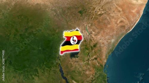 Uganda map with national flag texture, satellite view of East Africa, country borders and geography concept for travel and politics