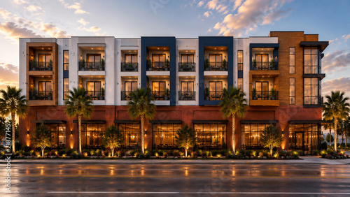 Modern mixed-use building at sunset with retail and apartments, ideal for real estate presentations and advertisements, featuring ample copy space, perfect for urban development, architecture, and