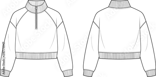 Cropped Quarter Zip Sweatshirt Technical Flat Sketch Front Back