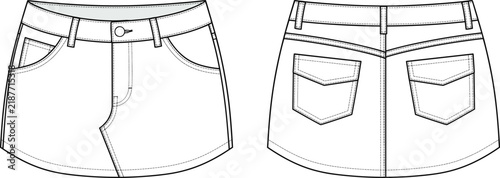 Denim Micro Mini Skirt Technical Flat Sketch Front Back