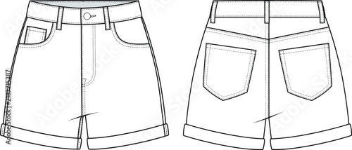 Denim Cuffed Shorts Pocket Technical Flat Sketch Front Back