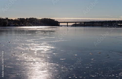 Part of the Veterans Memorial Bridge in Belfast Maine on a frozen day in the winter.