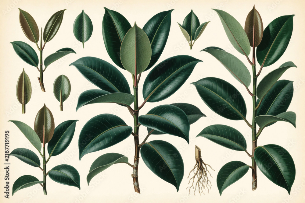 Obraz premium Ficus elastica plant parts detailed. Leaves show vein structure and shape variation. Roots and stem are visible. Botanical study illustration for nature lovers.
