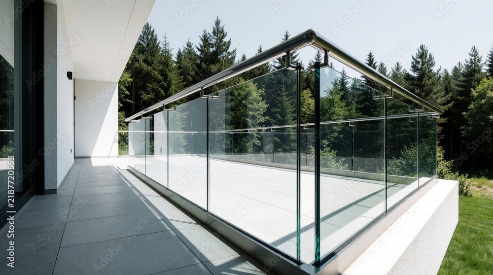 Obraz premium Modern house terrace with transparent glass railing and metal handrail overlooking forest. White facade clean lines, minimalist design, bright daylight creates spacious outdoor living area.